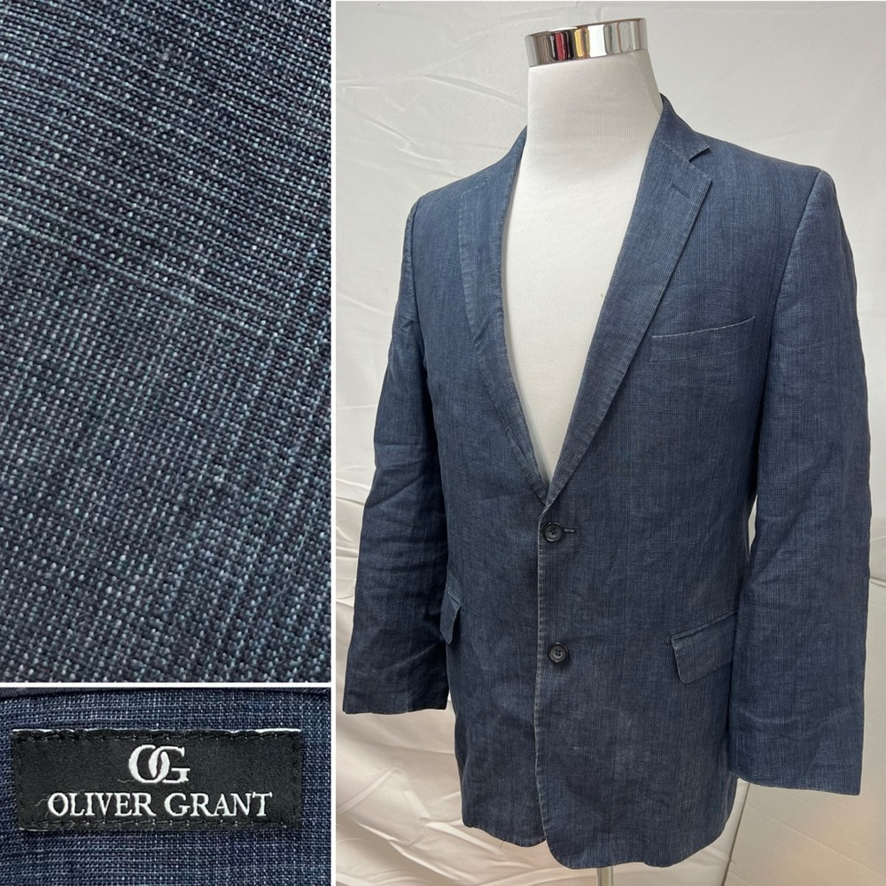 Oliver Grant Men's EU 54 / US 44 Blue Linen Glen Plaid Blazer Jacket